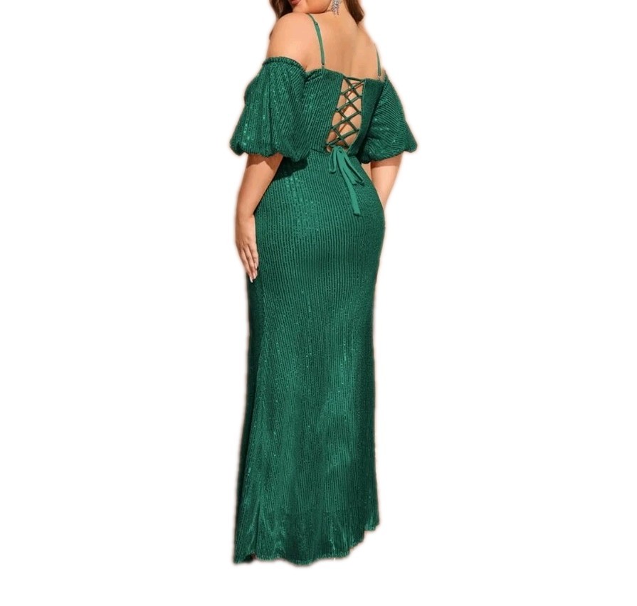 Women’s 4xl – Plus Size Off The Shoulder Puff Sleeve Dress With Sequin/ Dark Grn