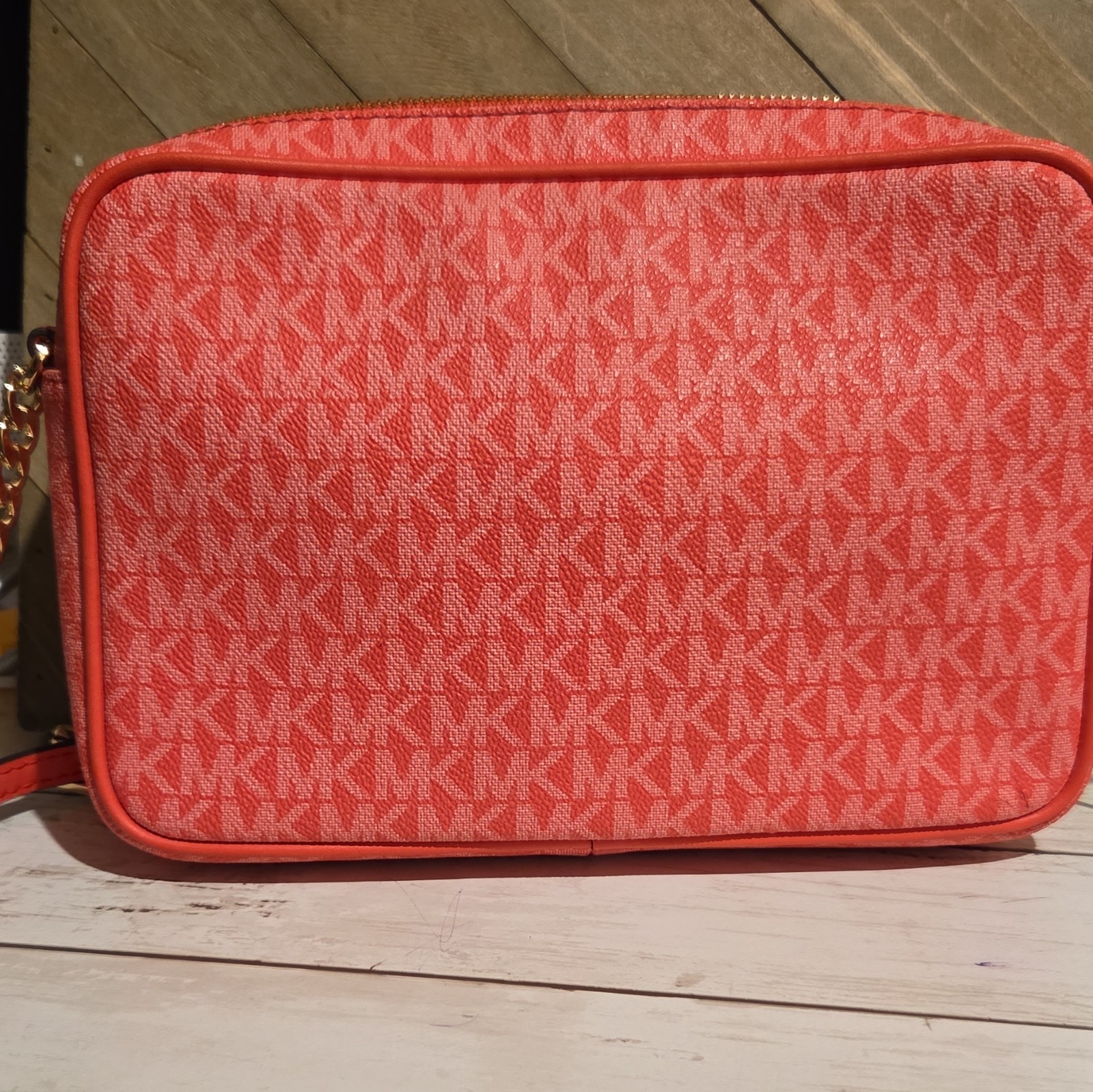 Michael Kors Flamingo Pink Monogram Logo Crossbody Bag Zip Gold Chain