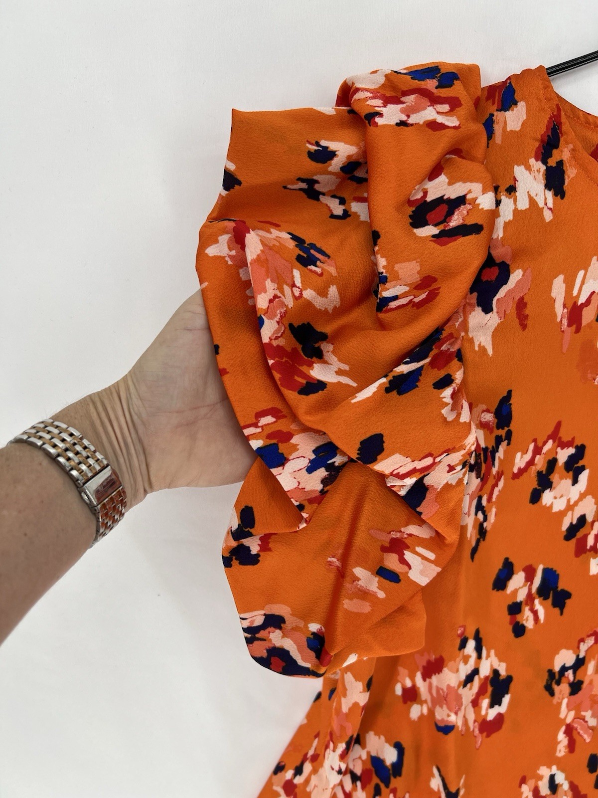 THML NWT Orange Floral Ruffle Sleeve Blouse Womens Small Statement Top