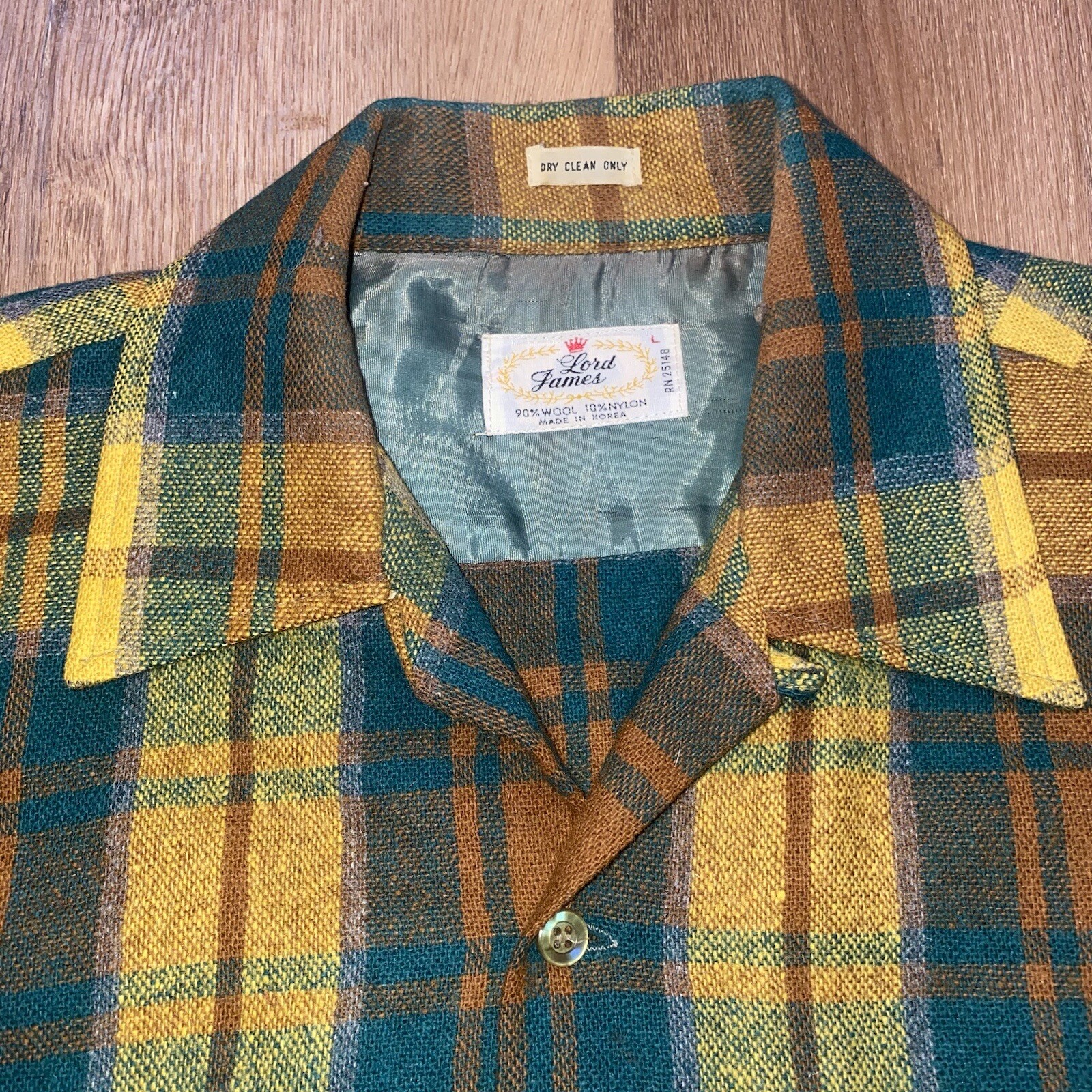 Vtg 50s 60s Lord James Shirt Loop Collar Flannel Cruiser Wool Nylon Mens Large