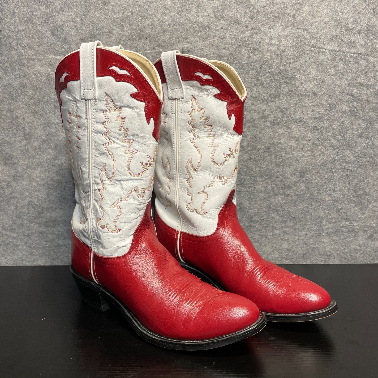 Vintage Western Cowboy Boots Women’s 8.5 Red White Leather Pull On Pointed Toe