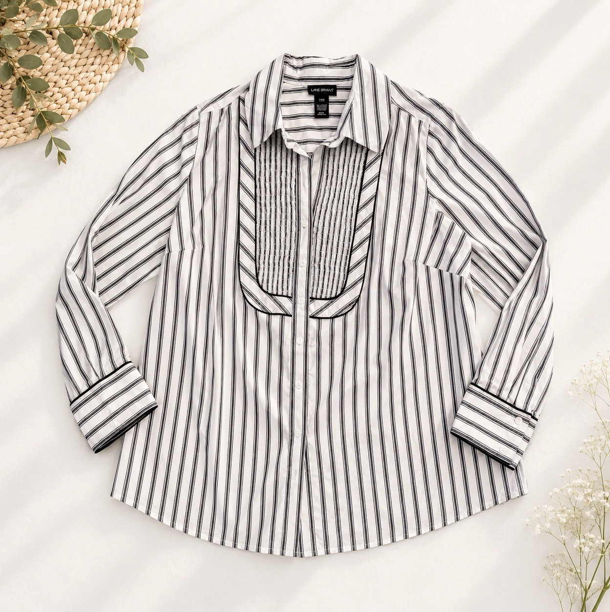 Lane Bryant White Blue Striped Collared Button-Up Long Sleeve Stretch 14/16