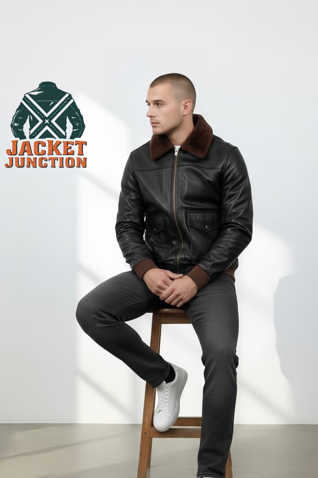 Men’s Lambskin Leather Bomber Jacket Faux Fur Collar Aviator Pilot Coat