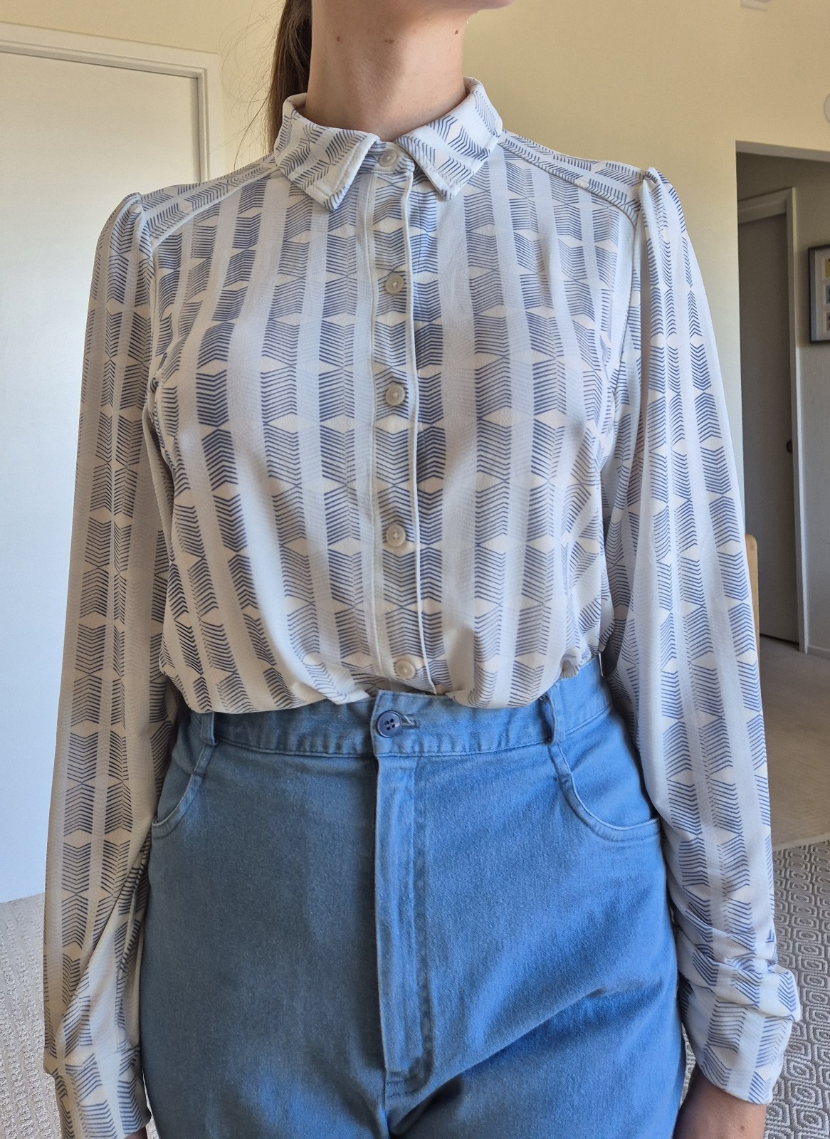 Rachel Zoe Geometric Collared Button Front Long Sleeve Blouse White/Blue S