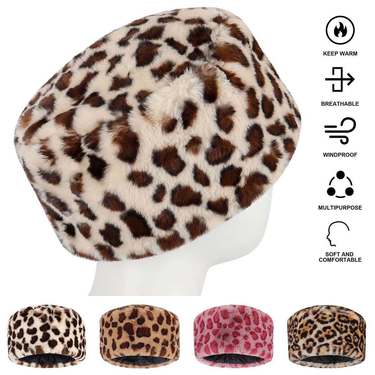 Ladies Winter Russian Faux Fur Cap Women Warm Thick Fluffy Plush Flat Top Hat US
