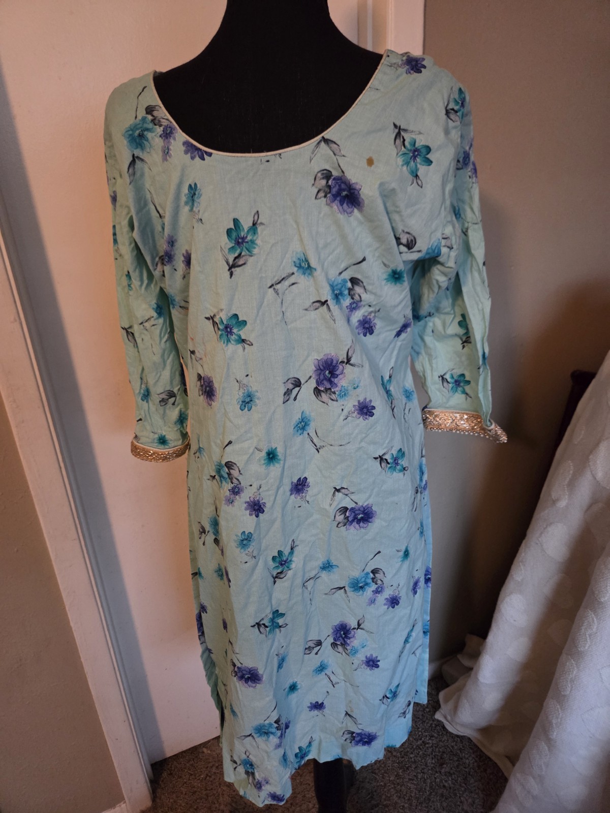 Unbranded Blue Flowered Kurti Or Kameez No Size Tag Measurements In Description