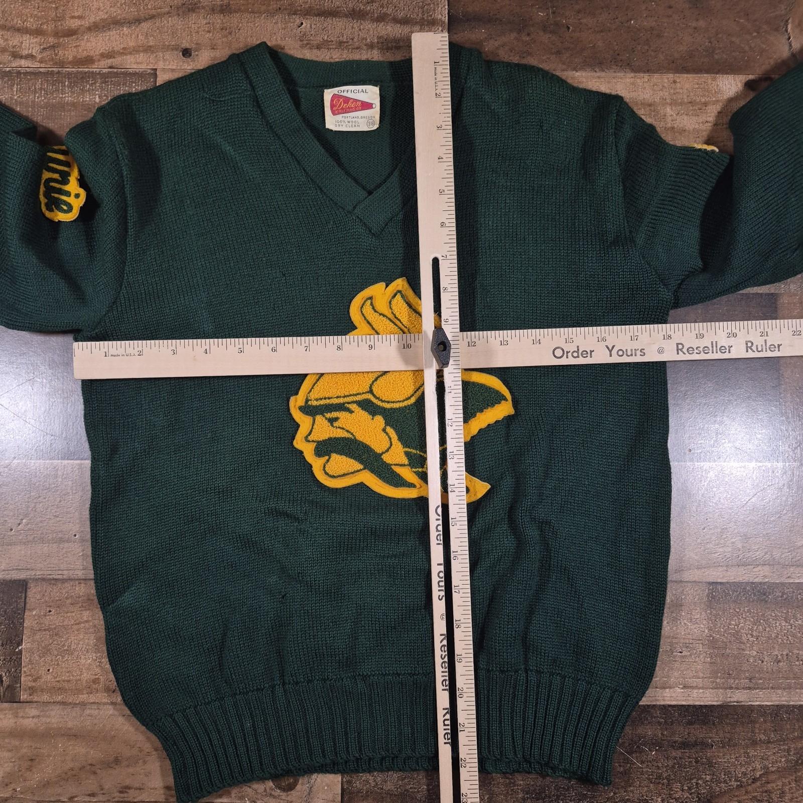 Vintage Letterman Varsity Sweater Womens 38 Green Wool Dehen Knitting 50s School