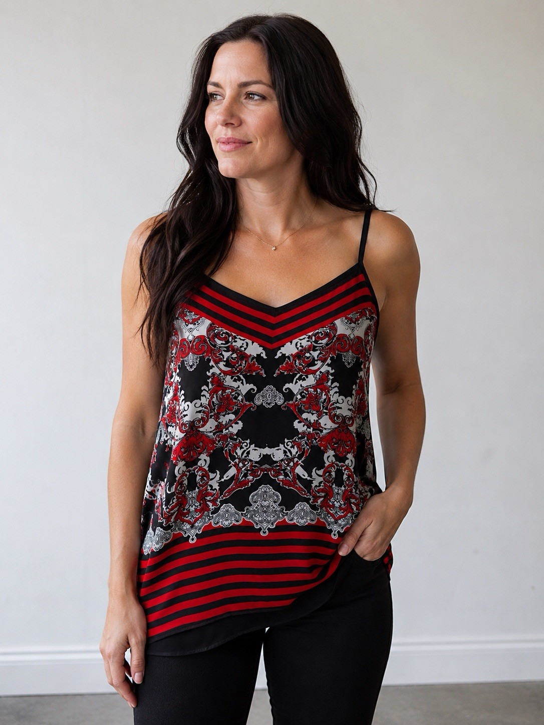 Bisou Bisou Red Black Baroque Print Chiffon Cami Tank Top Size M