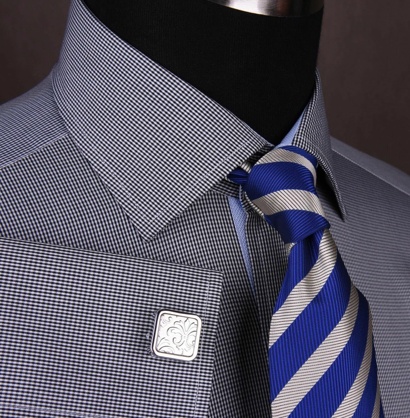 Class Grey Black Gingham Check Business Dress Shirt Light Blue Oxford Lining