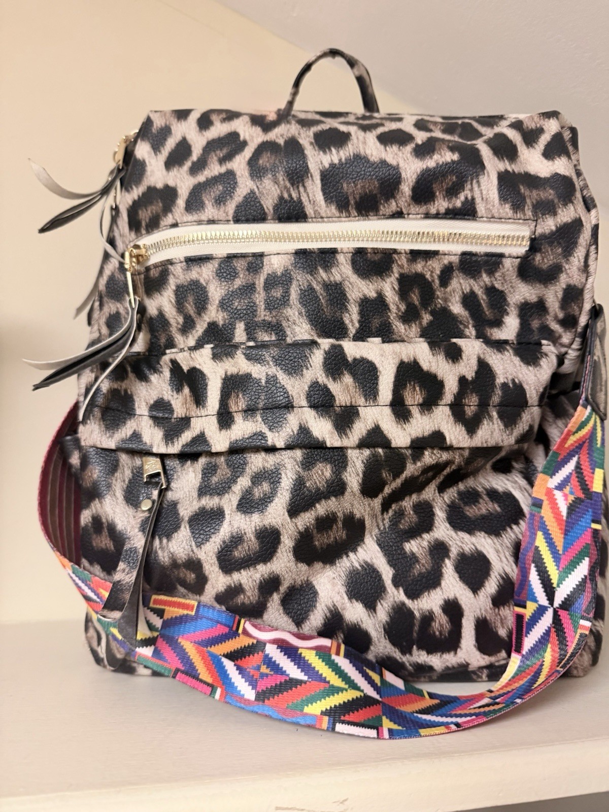 Women’s Leopard Animal Print Backpack, Multicolor Strap, Zip, Detachable, Gold
