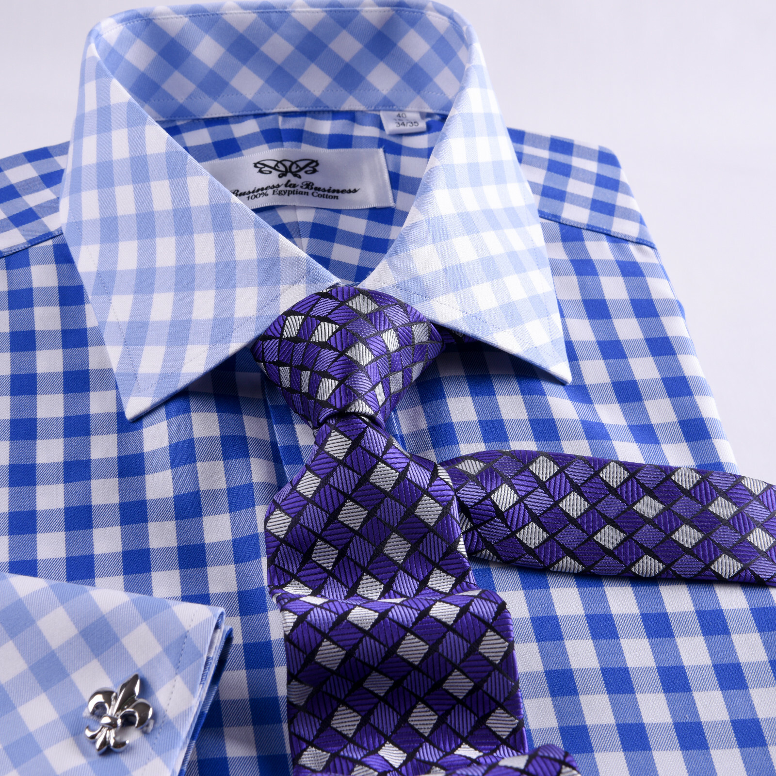 Blue Check Designed Business Shirt Easy Iron Wrinkle Free Contrast Collar & Cuff