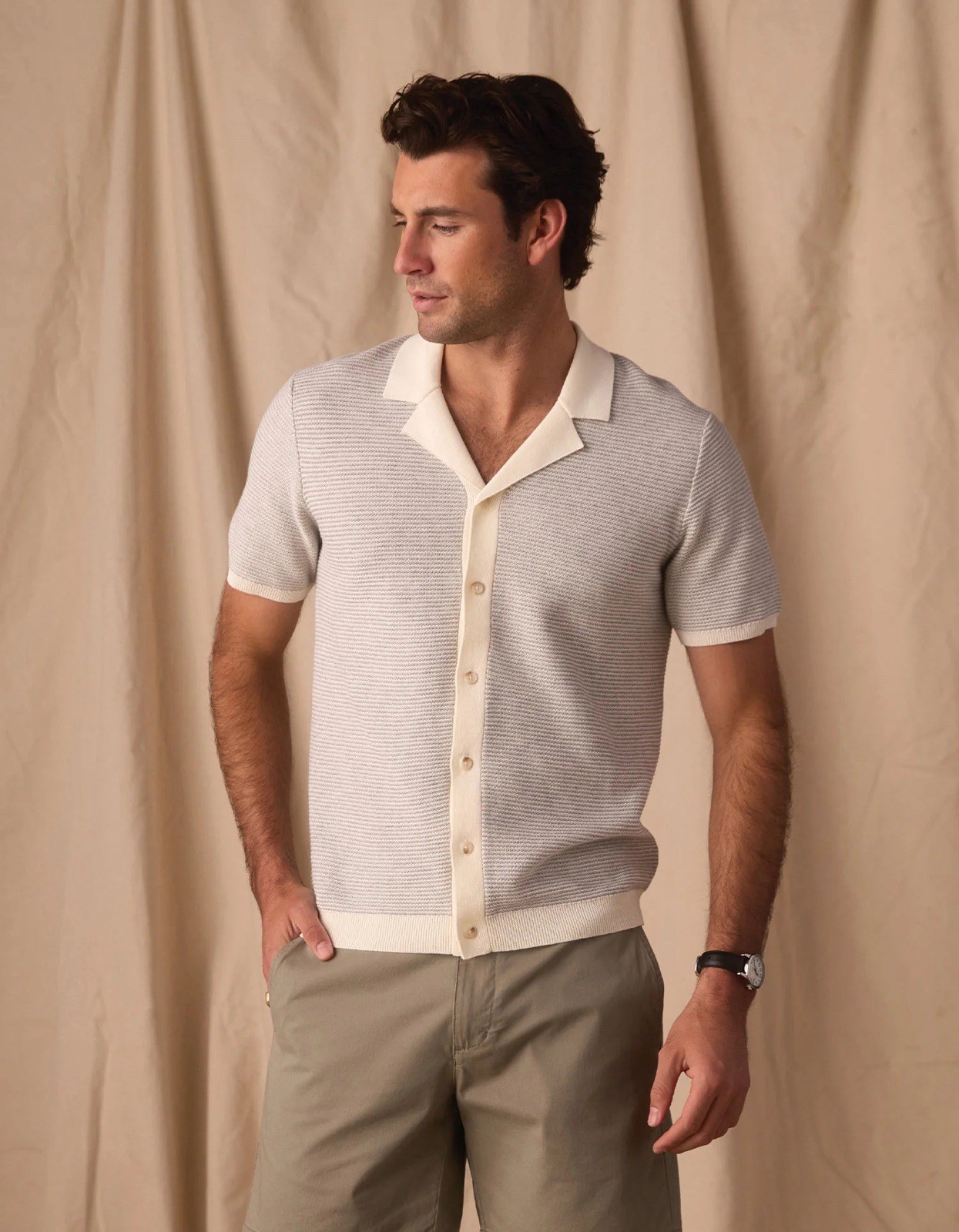 Normal Brand Robles Birdseye Knit Camp Button Up Size Large $129 MSRP Cream