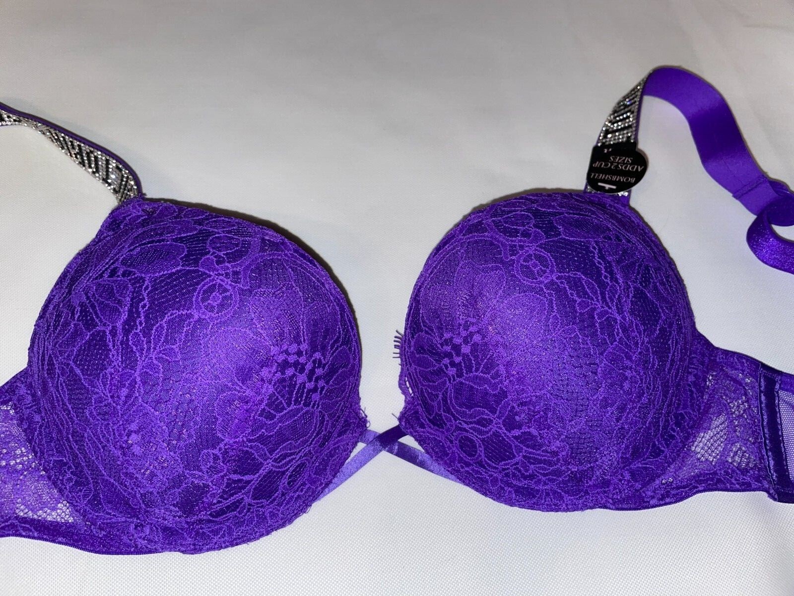 VICTORIA SECRET BOMBSHELL BRA ADD 2 CUP PLUNGE Super Push UP NEW Shine Strap