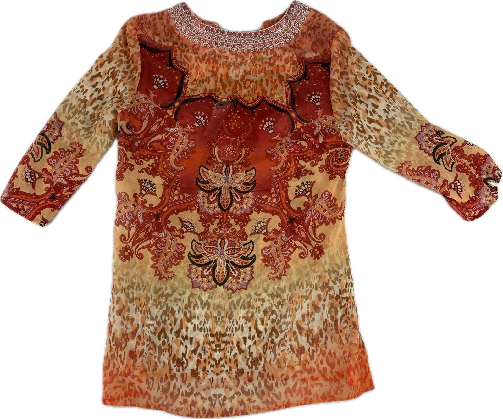 Chico’s Embellished Neckline Tunic Top Womens Sz M Tribal Beaded Sheer Boho NWT