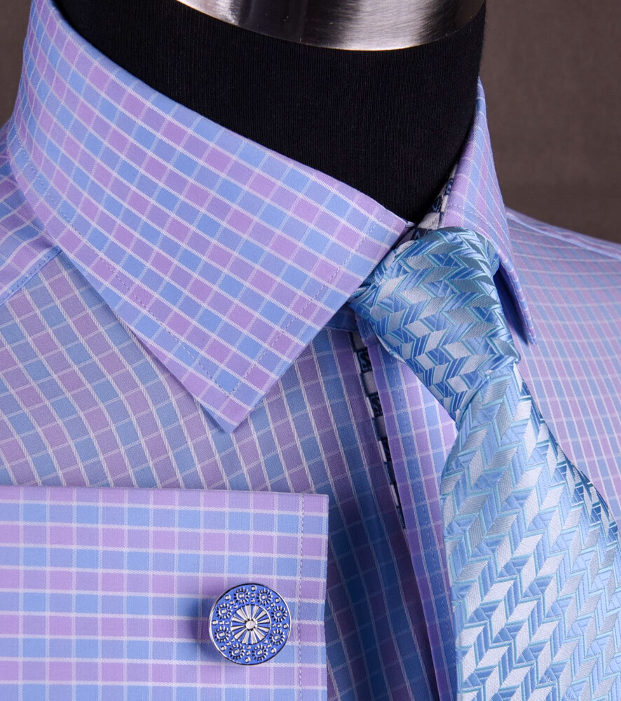 NEW Arrival Purple Blue Check WIth Blue Fleur-De-Lis Dress Shirt French Cuffs