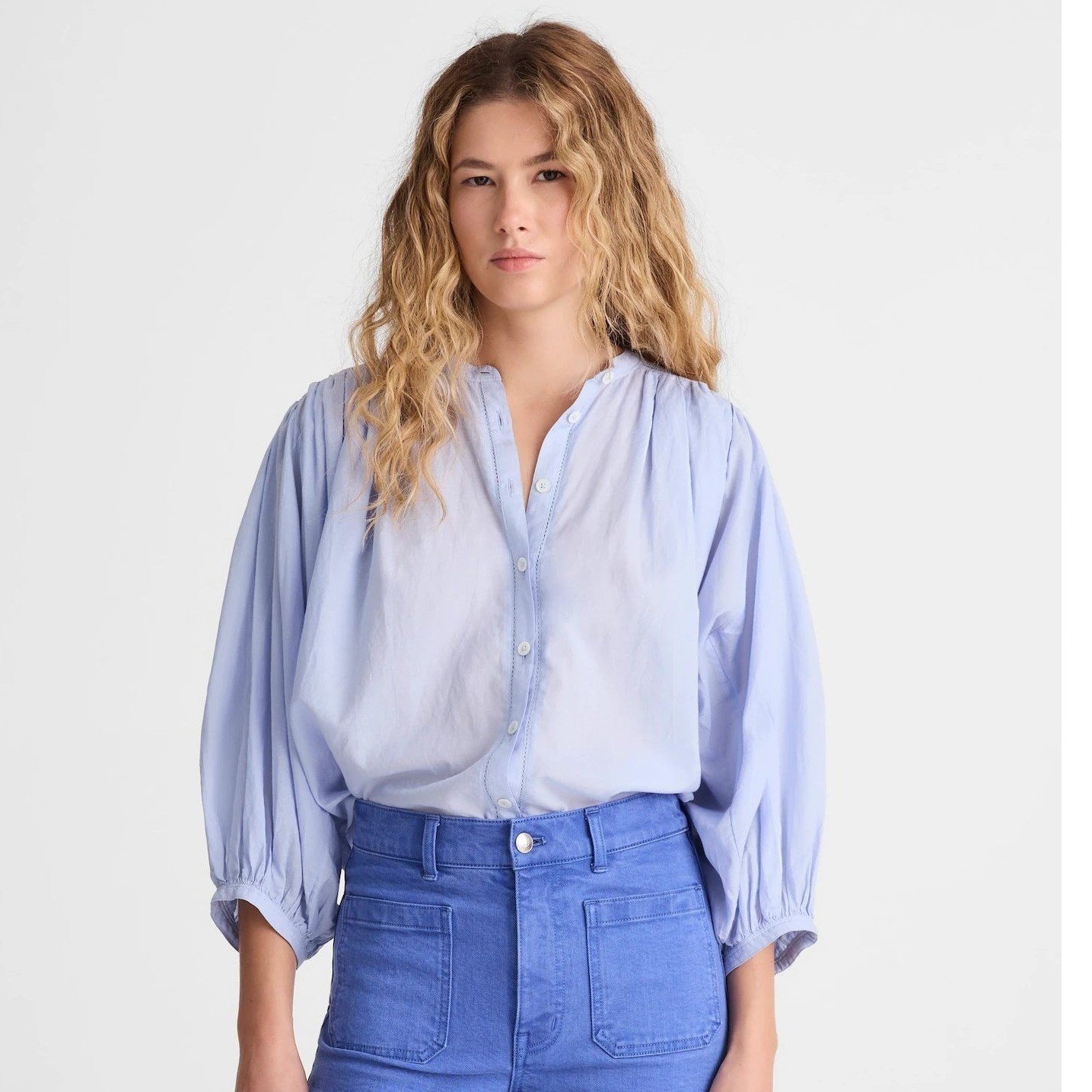 NWT Madewell Shirred Crewneck Button-Up Top Tranquil Blue Extra Small