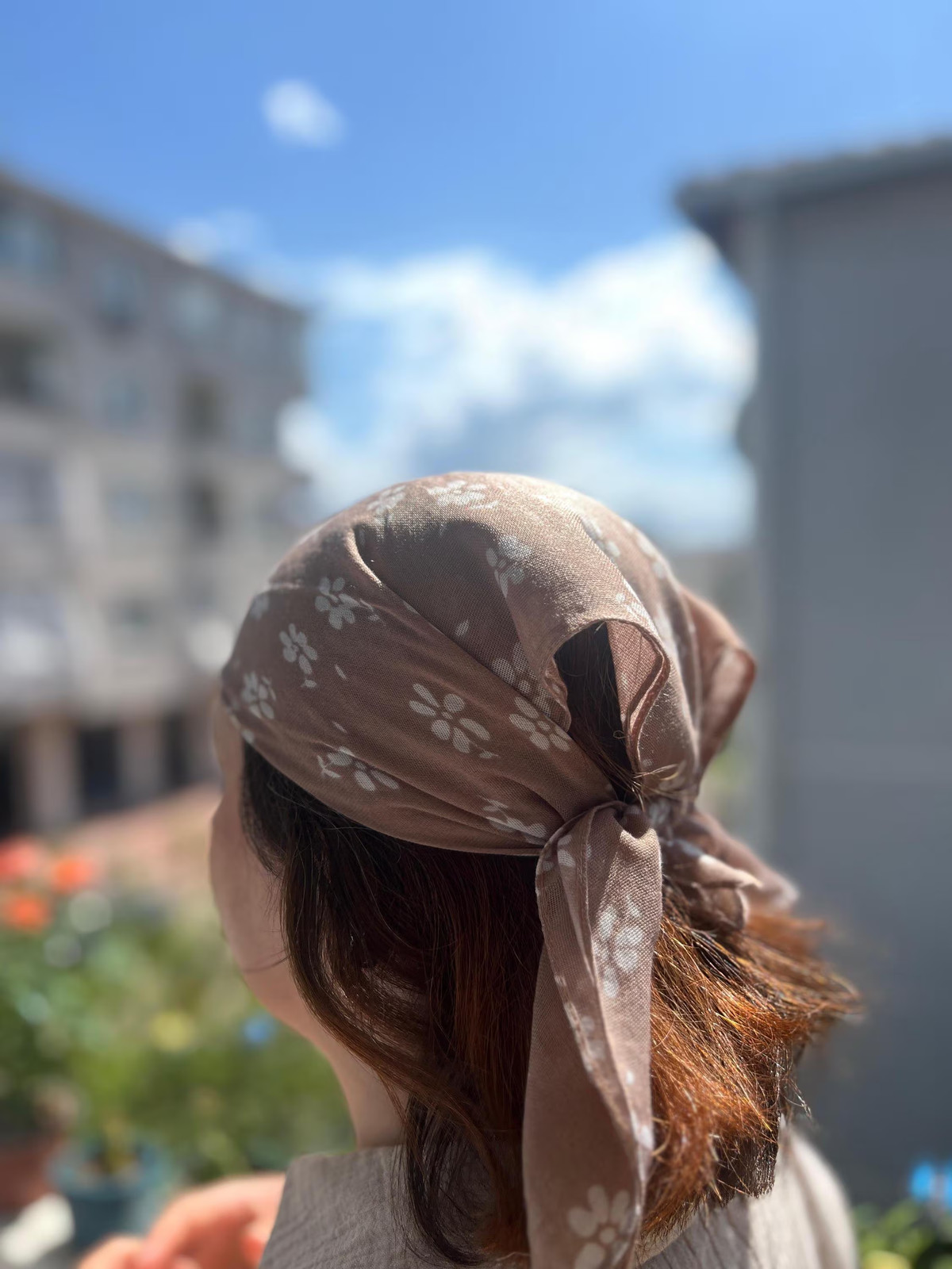 Taupe Floral Bandana Cream Flower Cotton Head Scarf Handmade Unique Boho
