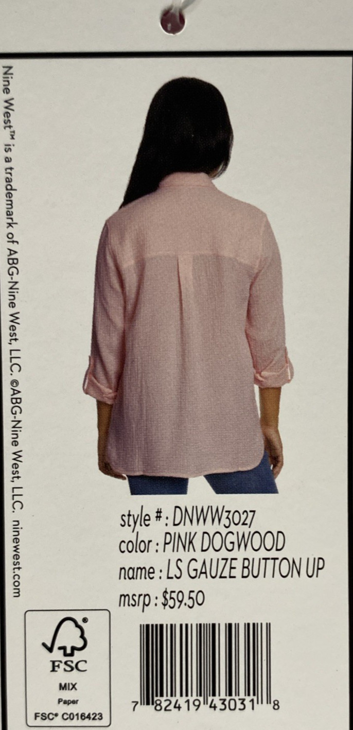 NWT Nine West Long Sleeve Chest Pocket High Low Hem Double Gauze Button Up