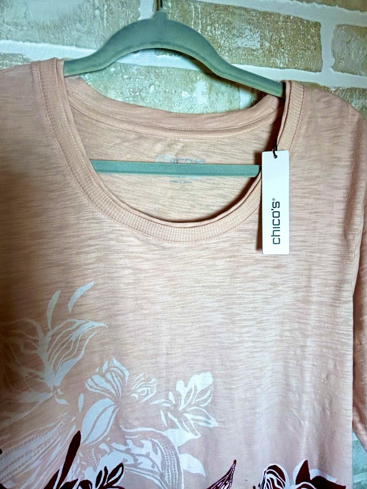 Chico’s Women’s XL Regular Pink Floral Scoop Neck Short Sleeve Cotton T-Shirt