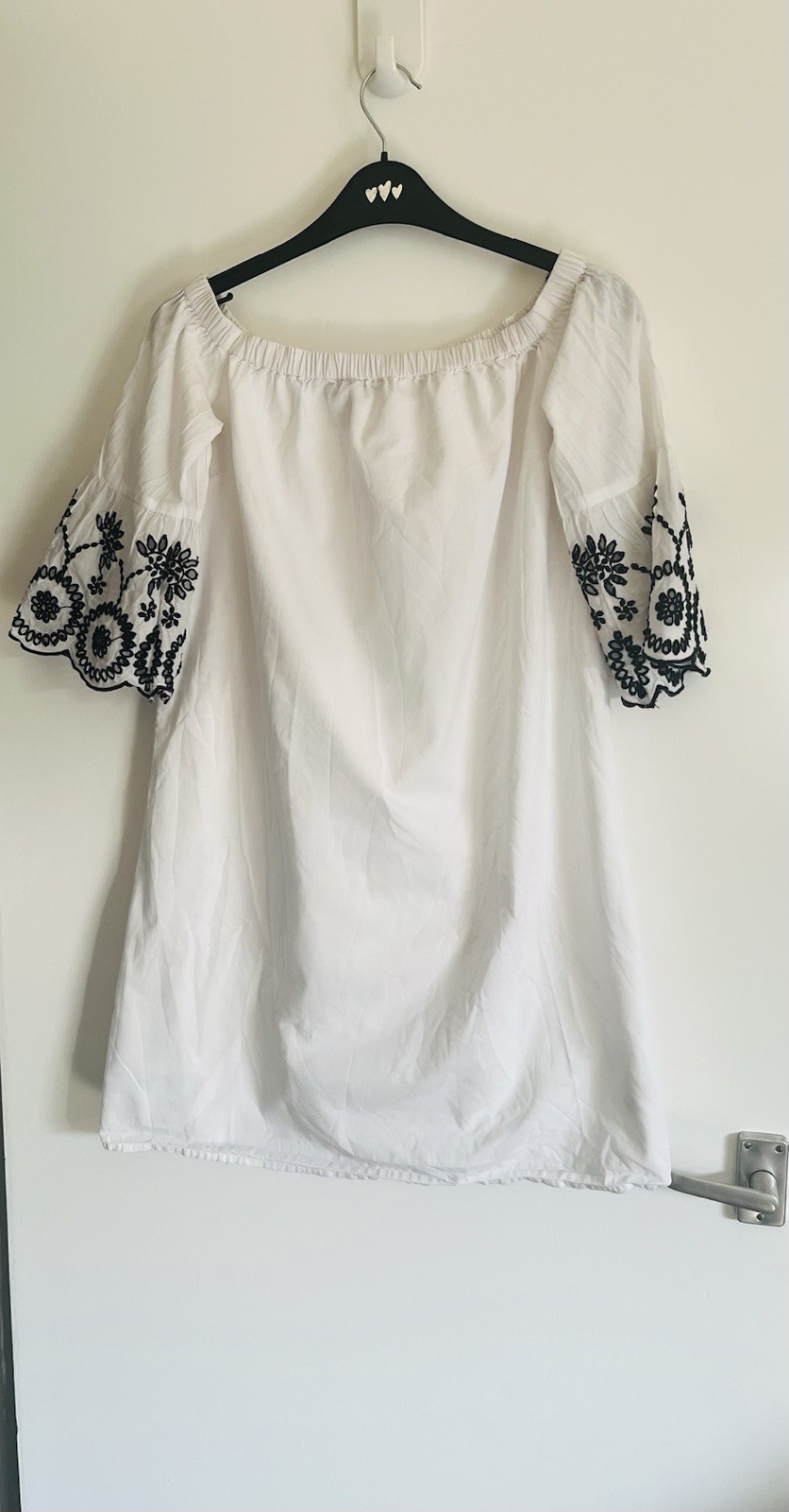 Dorothy Perkins White Bardot Top UK 8 Embroidered Sleeves 100% Cotton Lined Boho