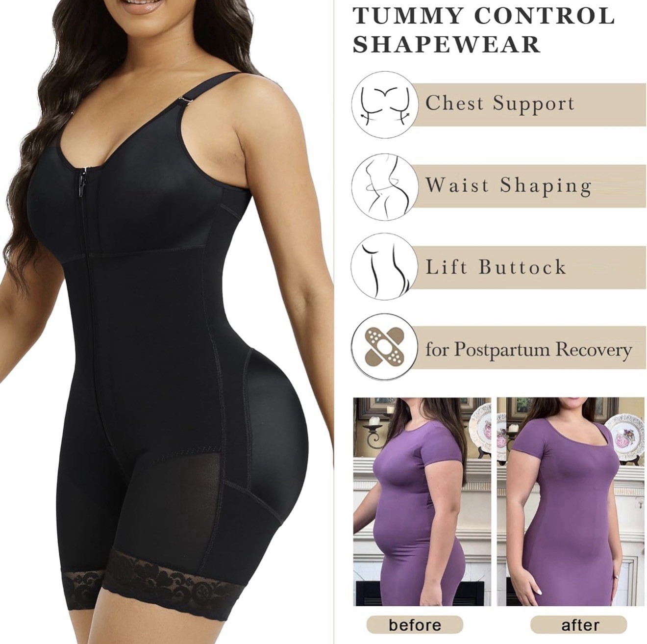 Women’s Black Mesh Tummy Control Shapewear Bodysuit w/ Zipper, Straps