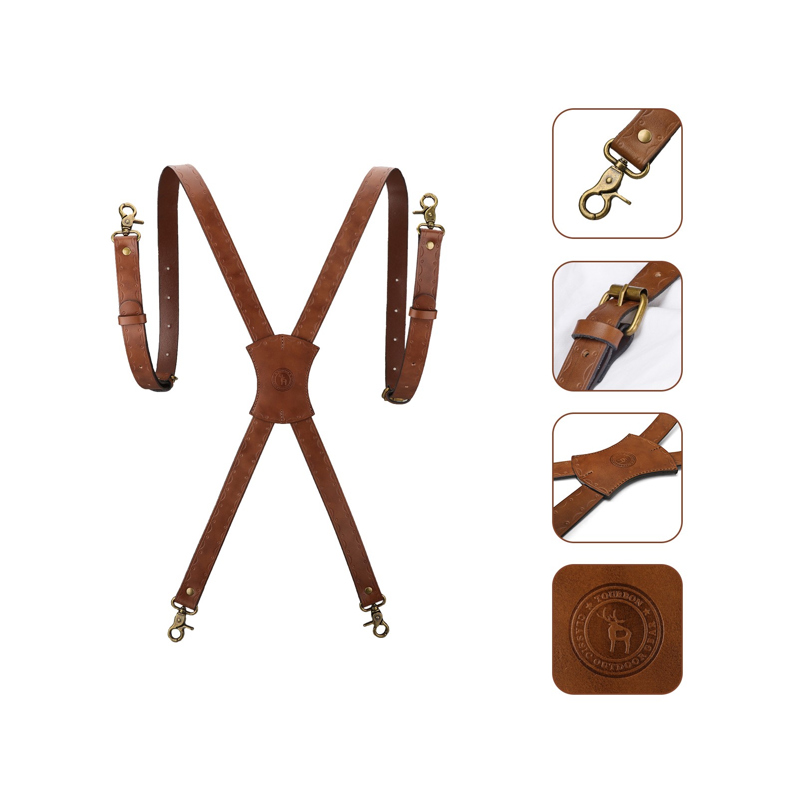 Tourbon Leather Men’s Suspenders X Back Adjustable X-Shaped Hooks Pants Braces