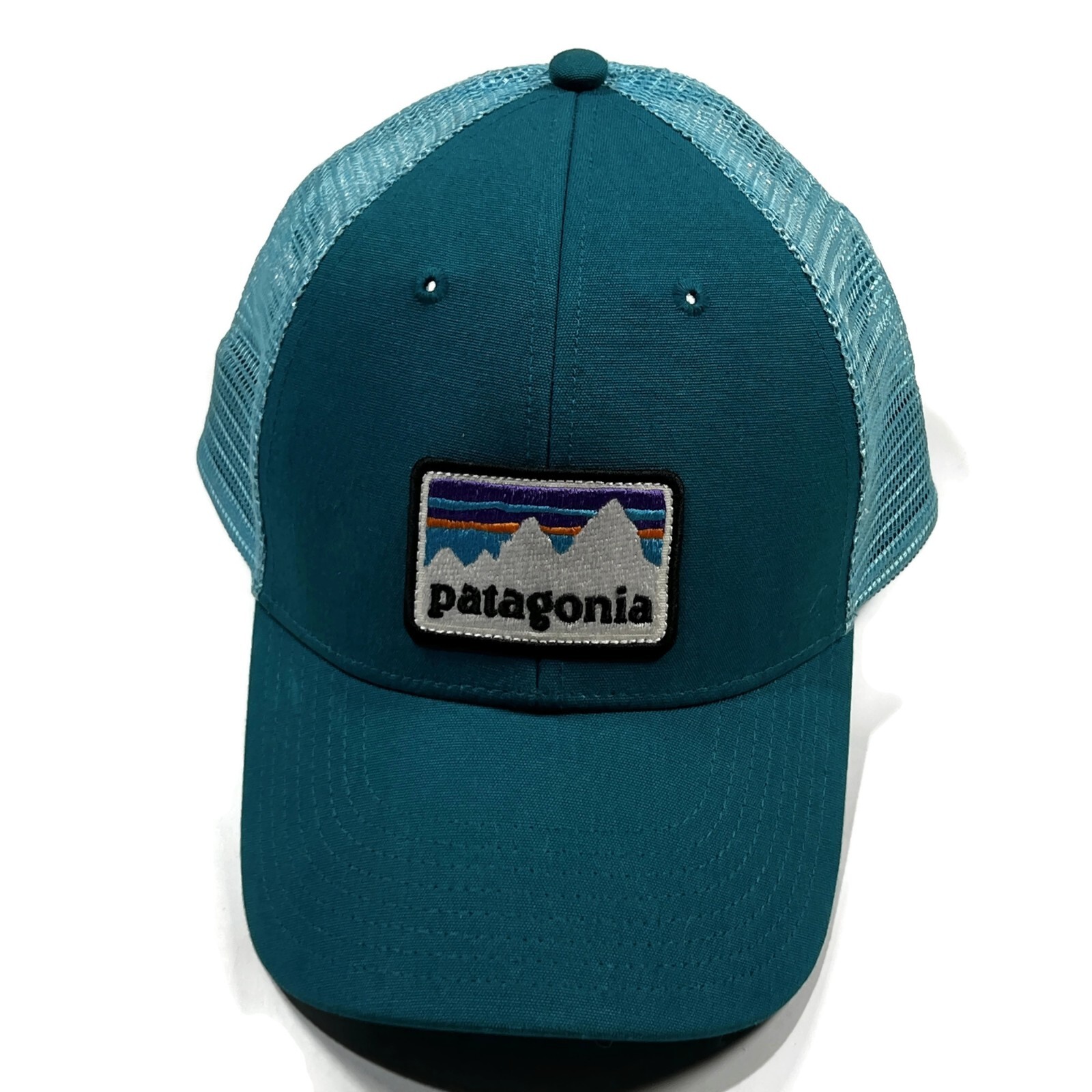Patagonia Shop Sticker Patch Lopro Trucker Hat Snapback Blue Green Mesh 2017