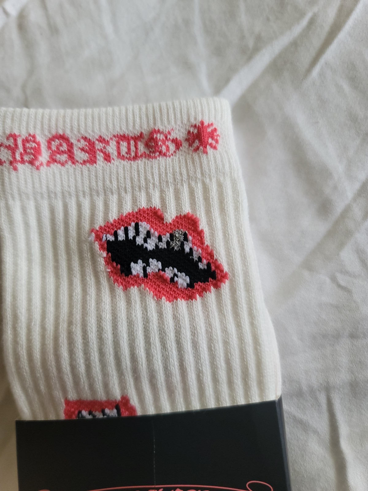 Chrome Hearts White Crew Socks Lips Logo Size L 1 Pair Red Black