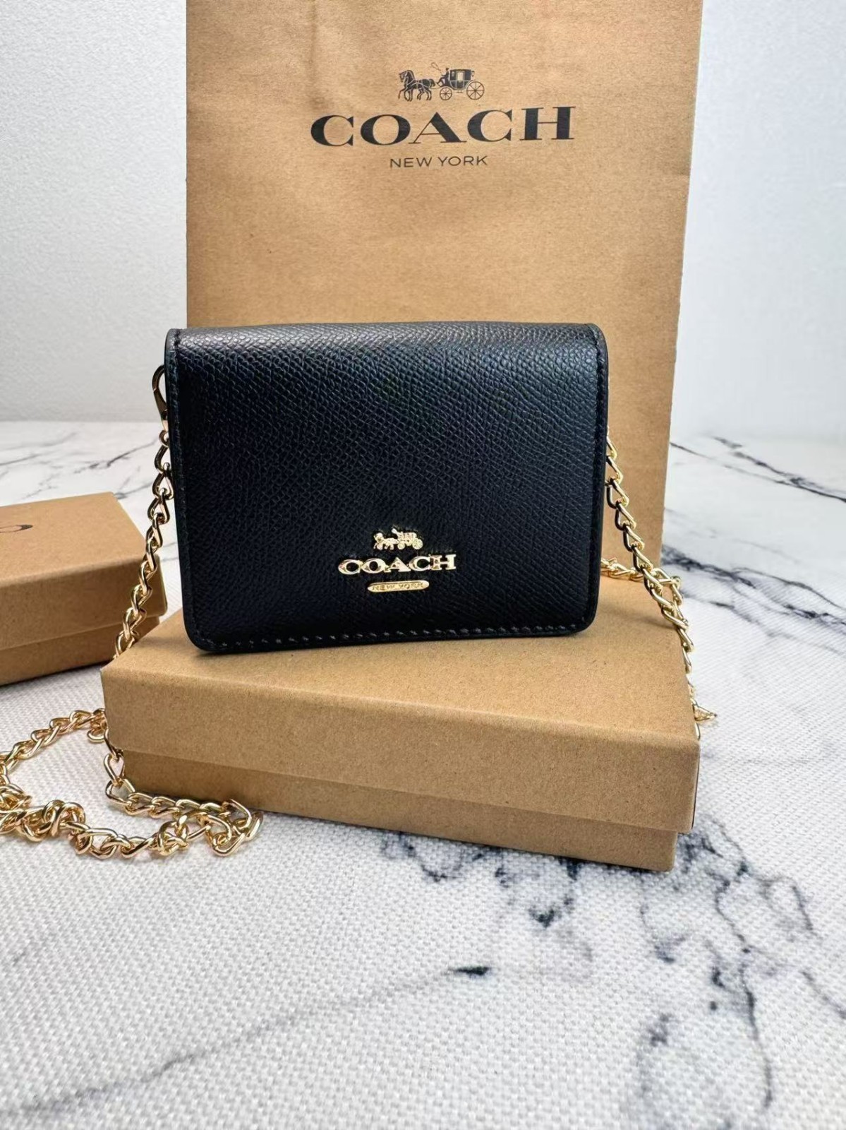 NWT NEW Coach Mini Leather Wallet On a Chain Black C0059 with the box