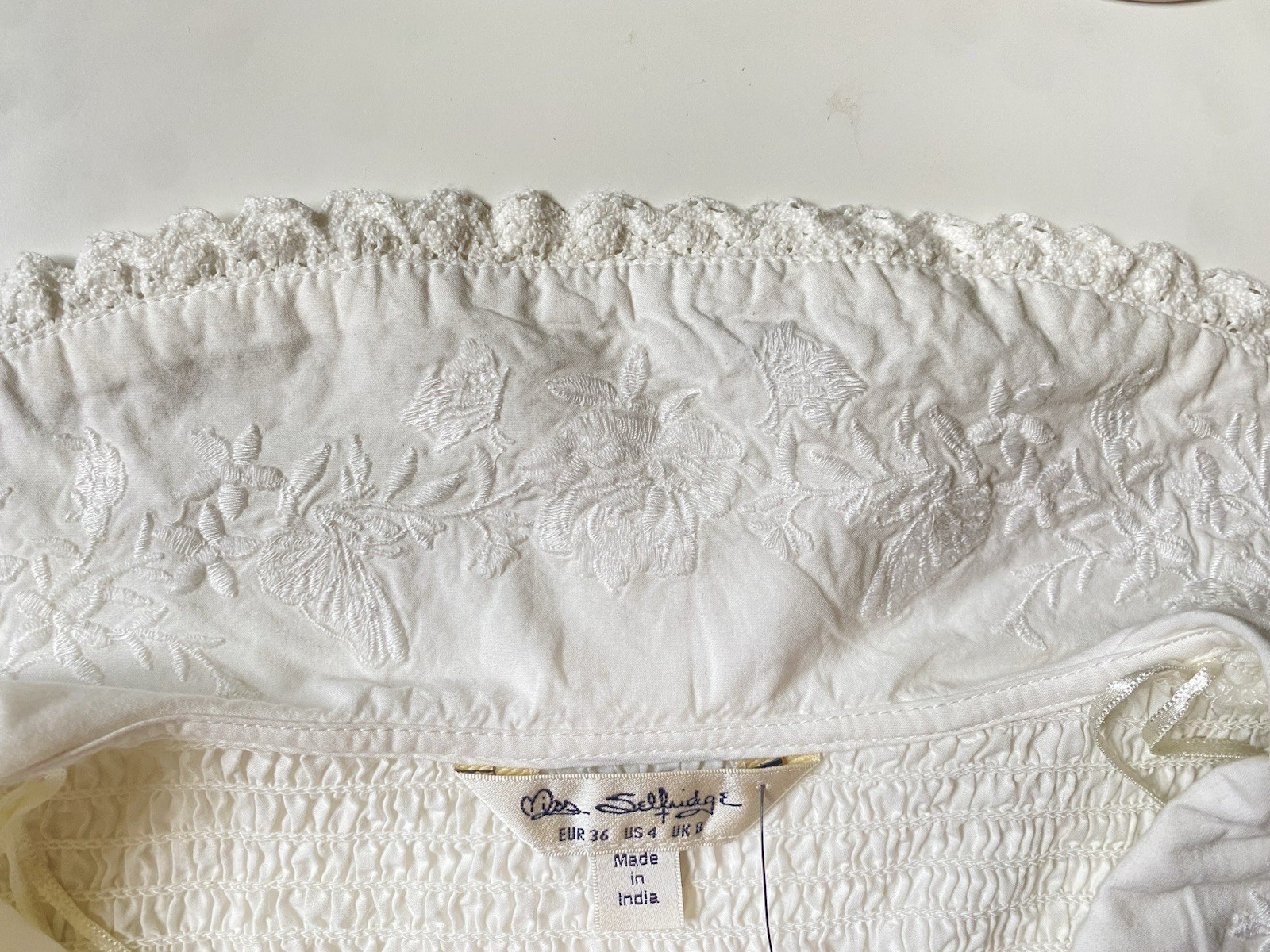 Miss Selfridge White 100% Cotton Embroidered Peter Pan Collar Puff Sleeve Blouse