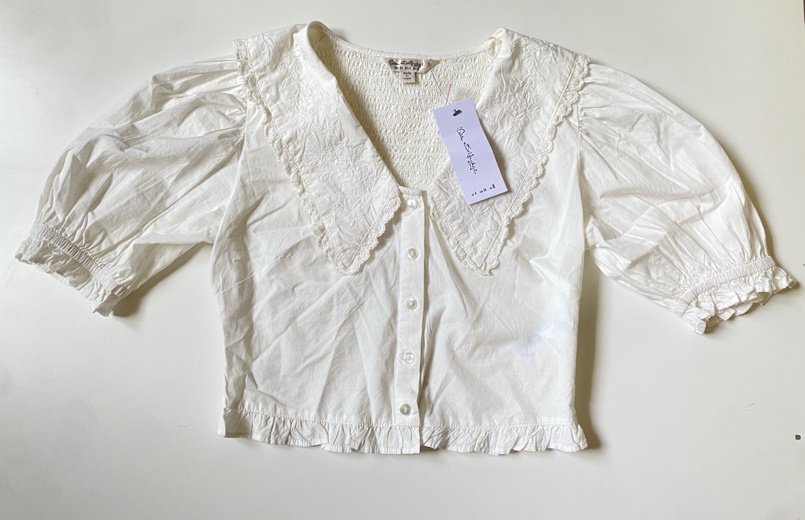 Miss Selfridge White 100% Cotton Embroidered Peter Pan Collar Puff Sleeve Blouse