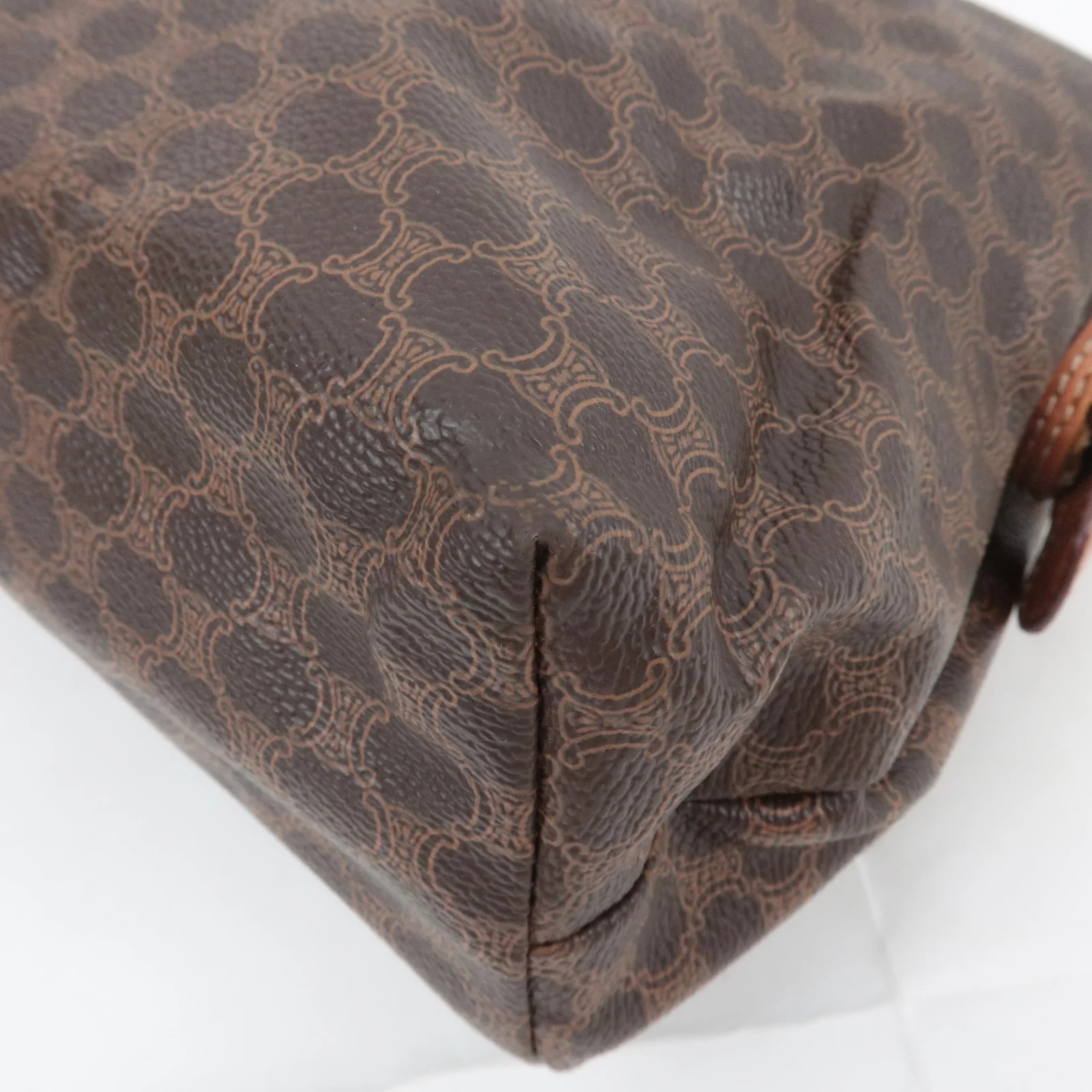 CELINE Macadam PVC Leather Cosmetic Pouch Brown Gold HDW Authentic