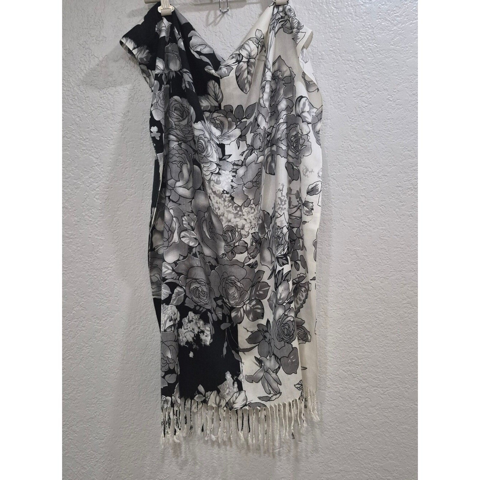 Black & White Floral Fringe Shawl Wrap | Elegant Lightweight Layering Scarf