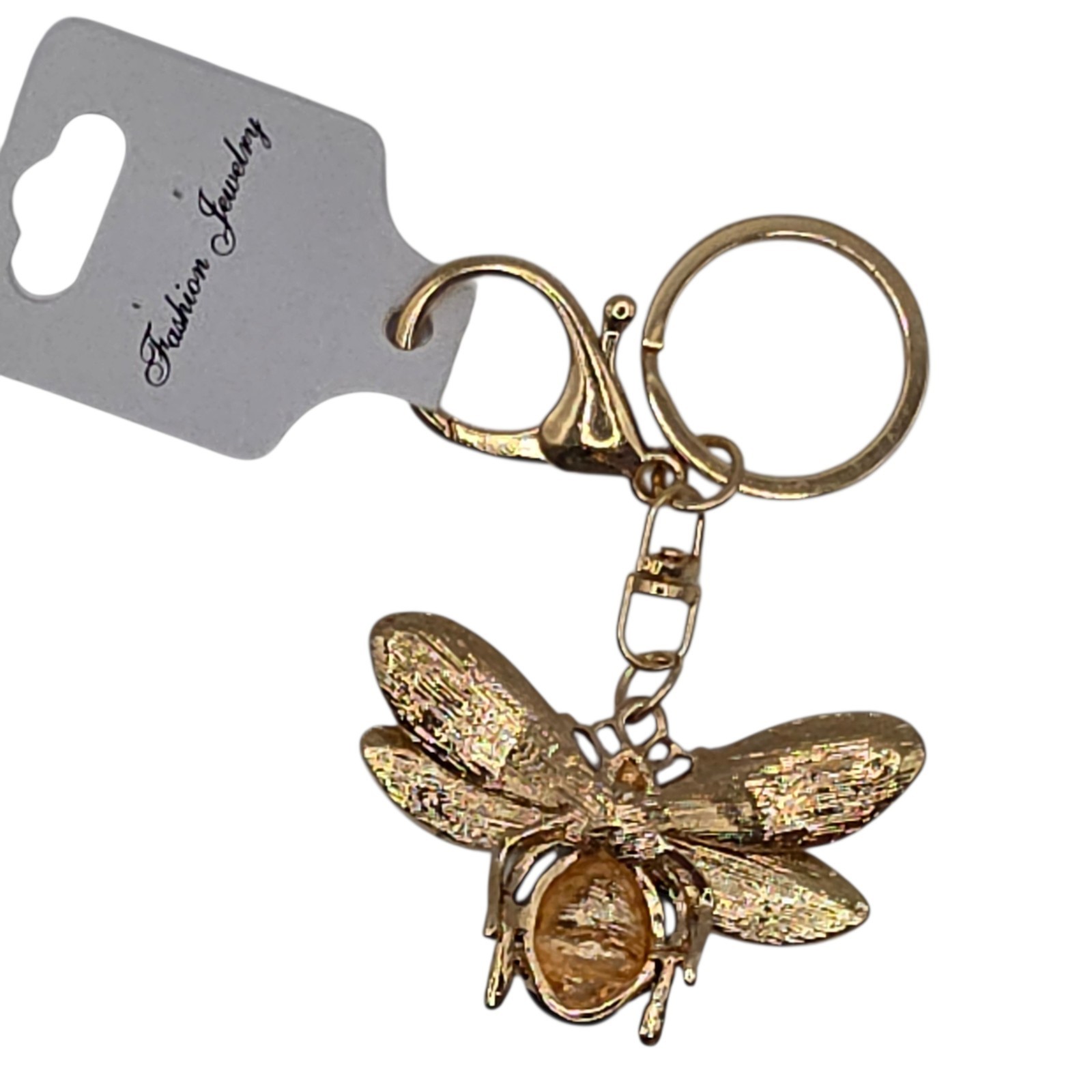 Rhinestone Bee Key Chain Keyring Bag Charm Gold Tone Black Clear