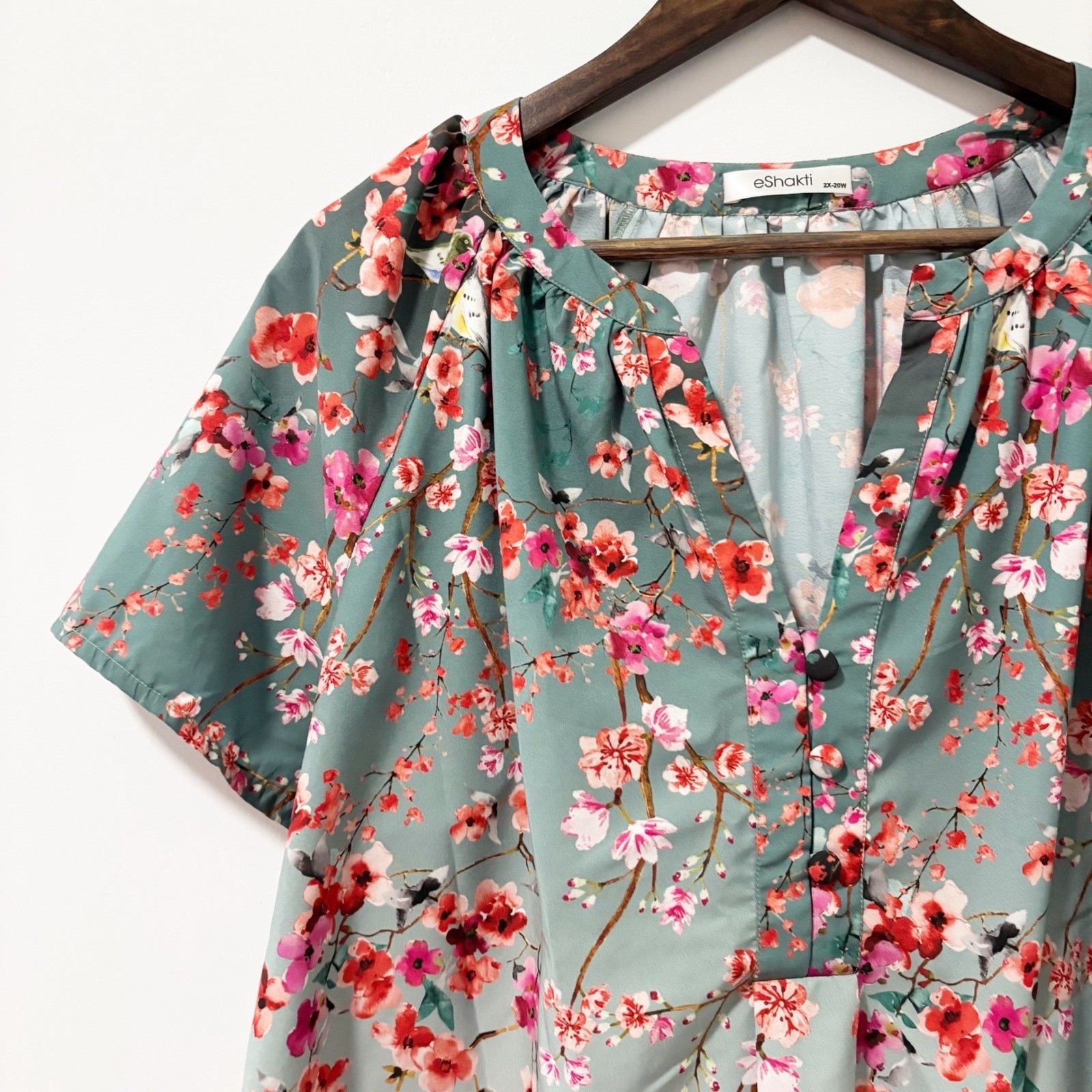 eShakti Womens 2X 20W Floral Bird Ombre Blouse Sage Green Pink Short Sleeve Top