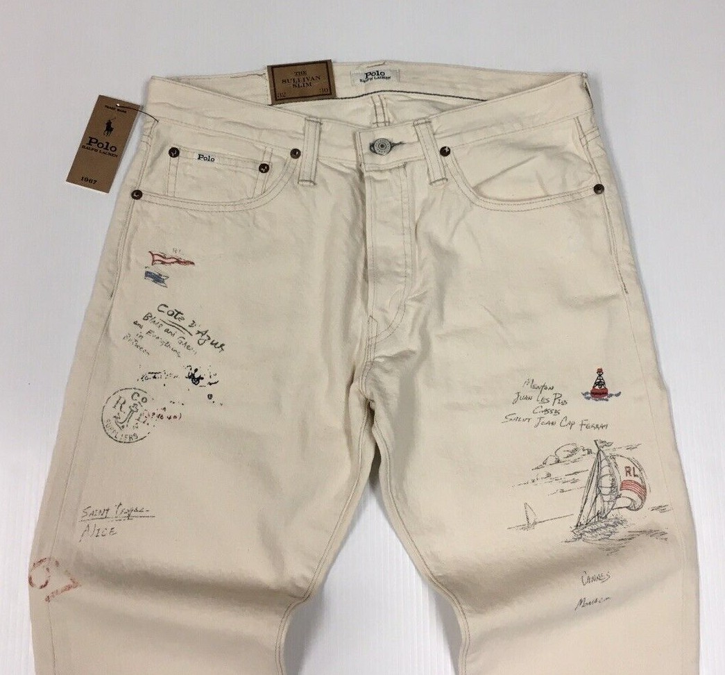 Polo Ralph Lauren Sailing Yacht Artist Artwork Pen Drawing Royal CP93 Slim Jeans
