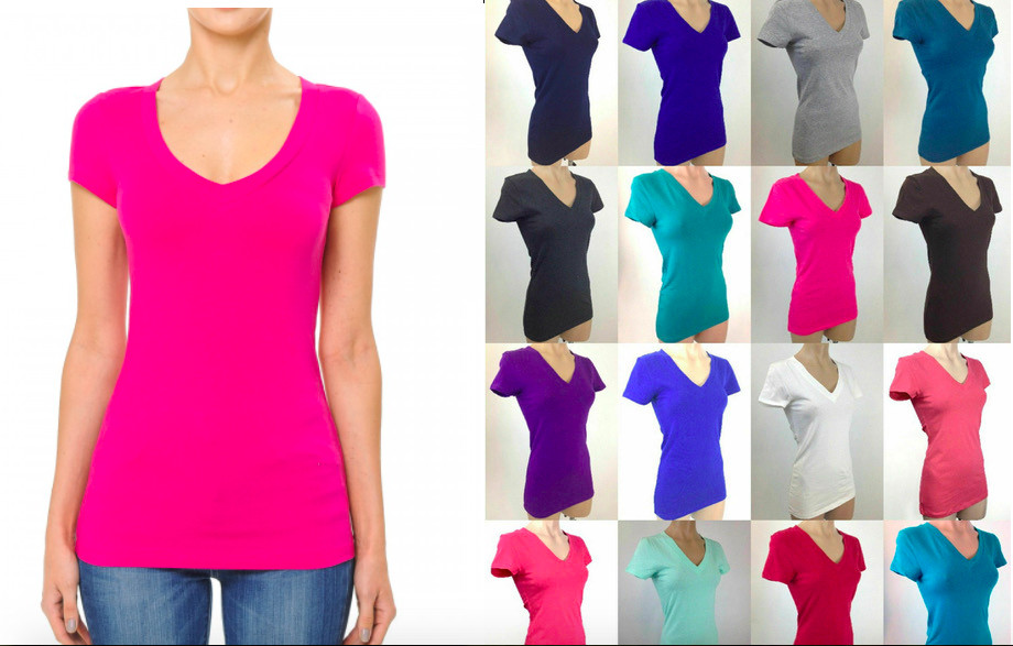NEW Women’s Basic Short Sleeve V Neck Cotton Stretch Tee- Ambiance- XS/S-M-L