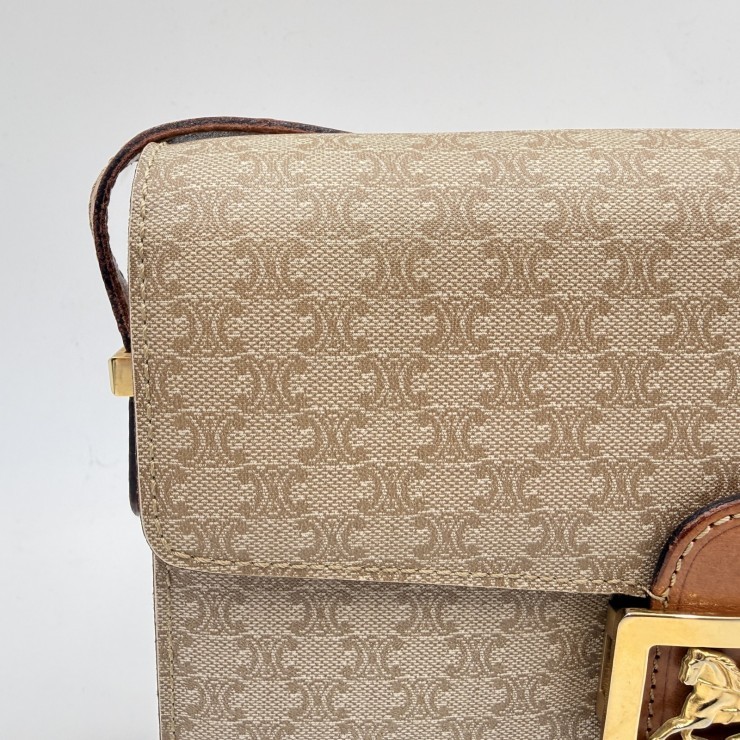 CELINE Vintage Macadam Shoulder Bag in Beige PVC and Leather with Gold-Tone …