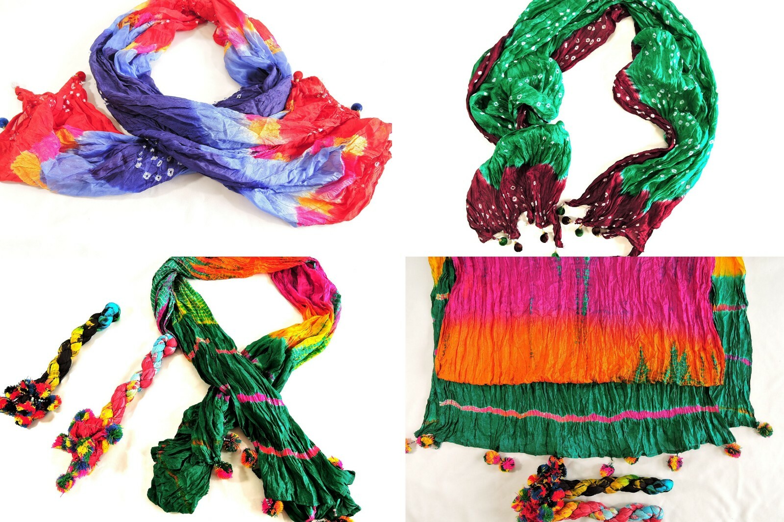 10 WHOLESALE LOT TIE-DYE INDIA SILK SCARF SHAWL WITH BEADS: 30″ X 90″ 10 PCS