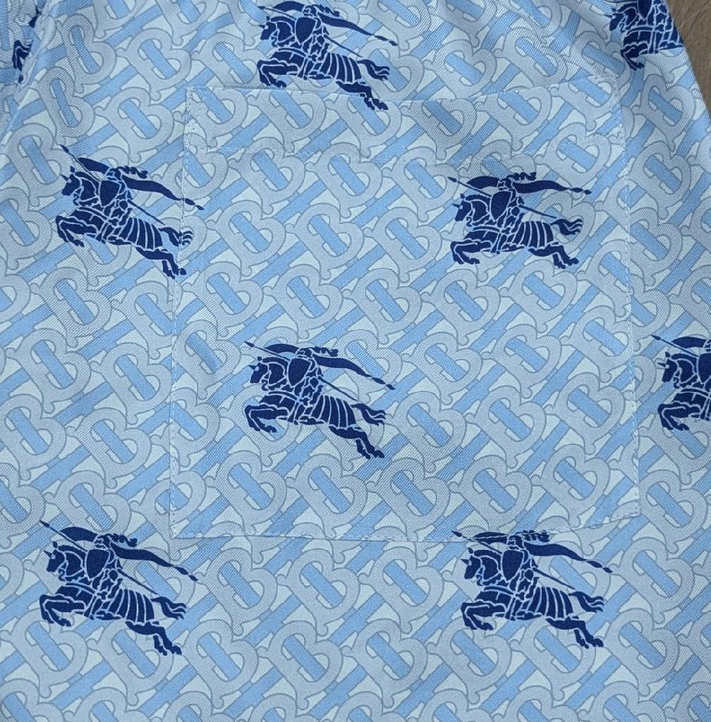 $1050 Mens Burberry Monogram Print Silk Shorts Light Blue/Navy Large
