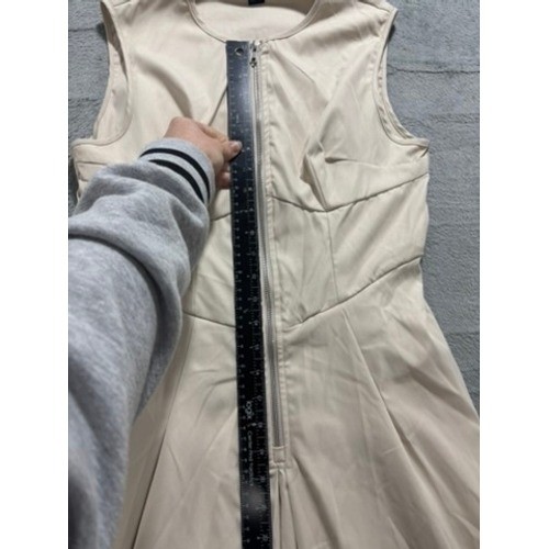 Beige Sleeveless Front Zip Pleated Maxi Dress Corset Bodice Minimalist Neutral