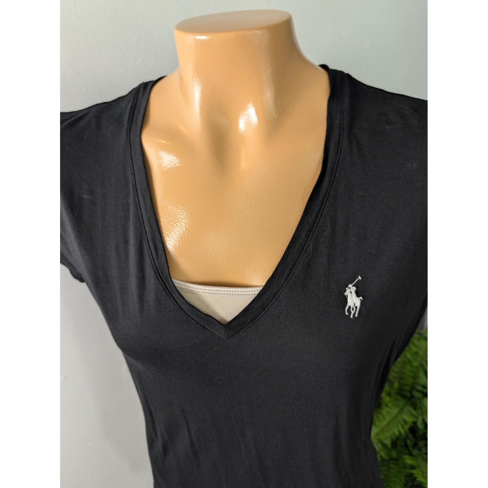Polo Ralph Lauren T-Shirt Women Medium Black V-Neck Cotton Blend Logo Capsule