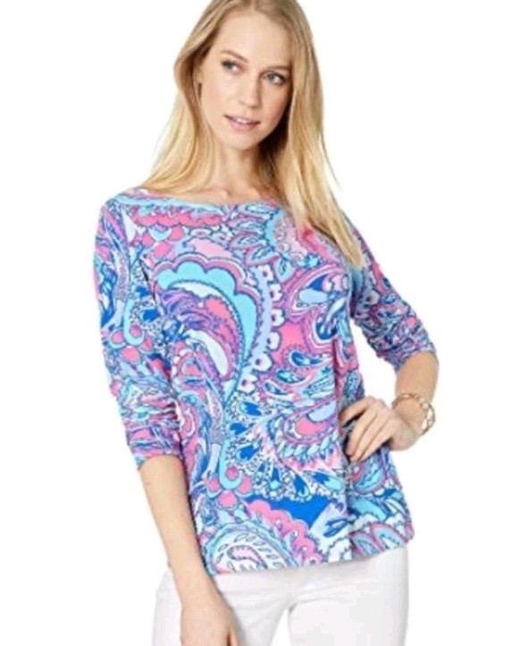 Women’s Sz L Lilly Pulitzer Bright Tropical Paisley Long Sleeve Top Stretch