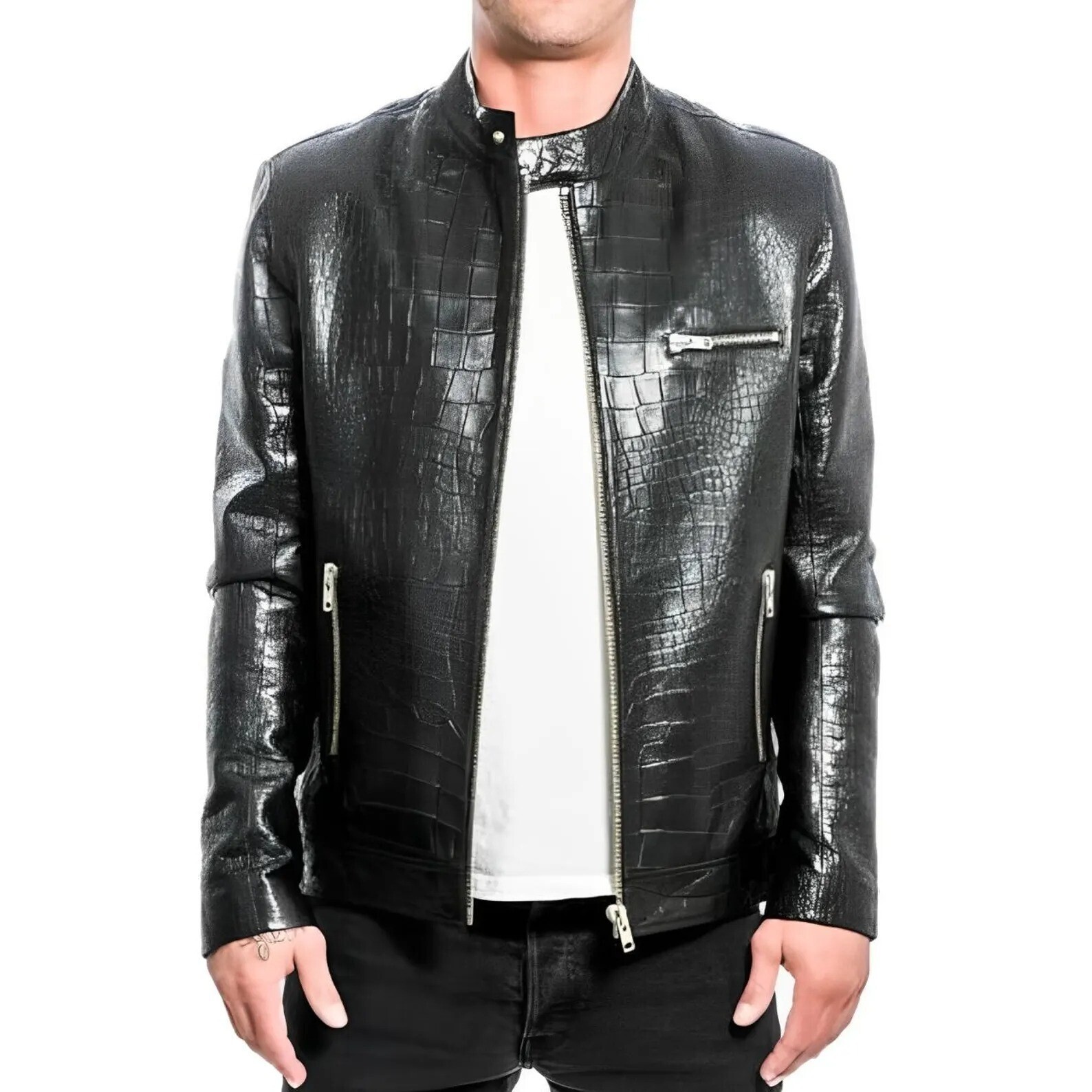 Men’s Black Real Leather Crocodile Embossed Jacket Biker Alligator Print Jacket
