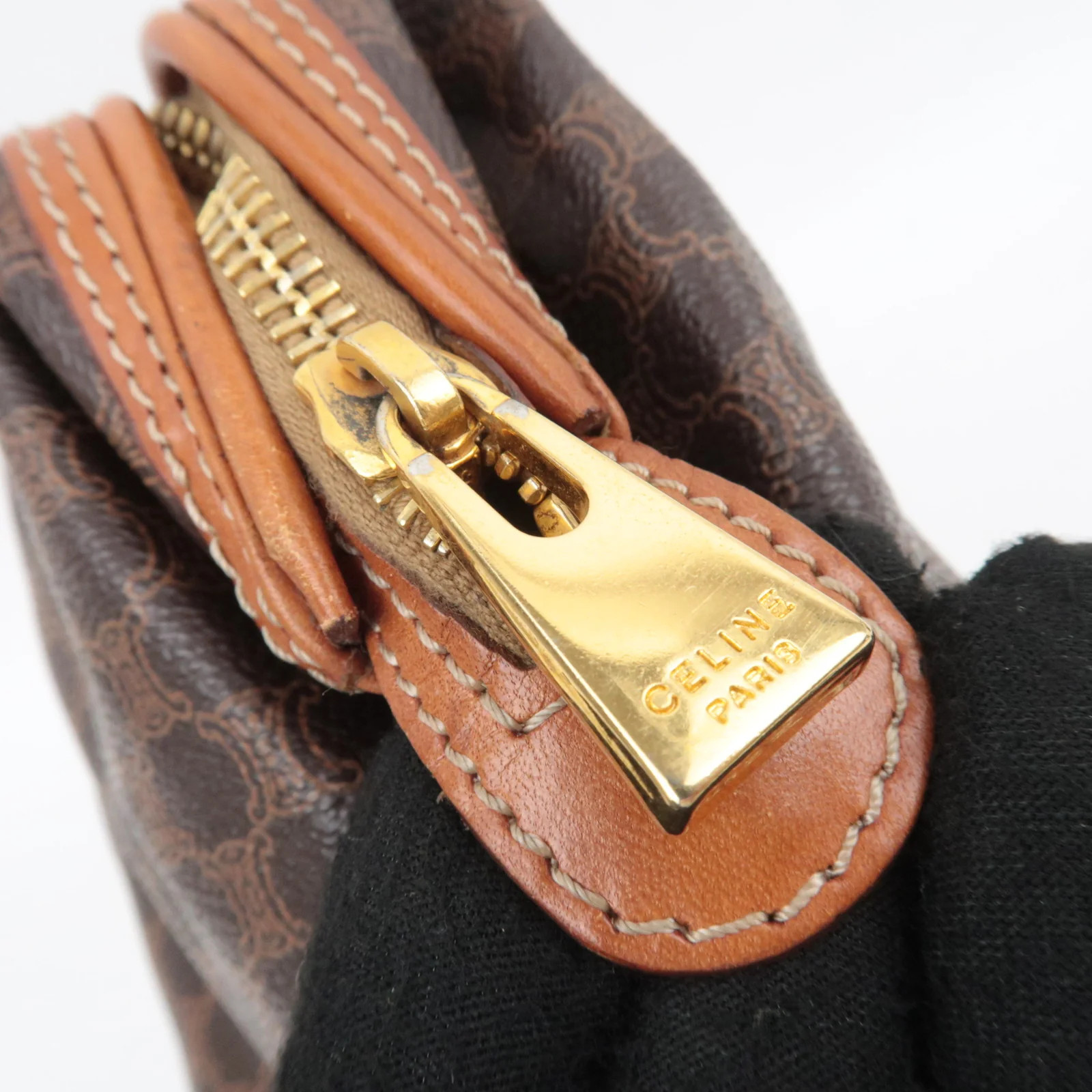 CELINE Macadam PVC Leather Cosmetic Pouch Brown Gold HDW Authentic