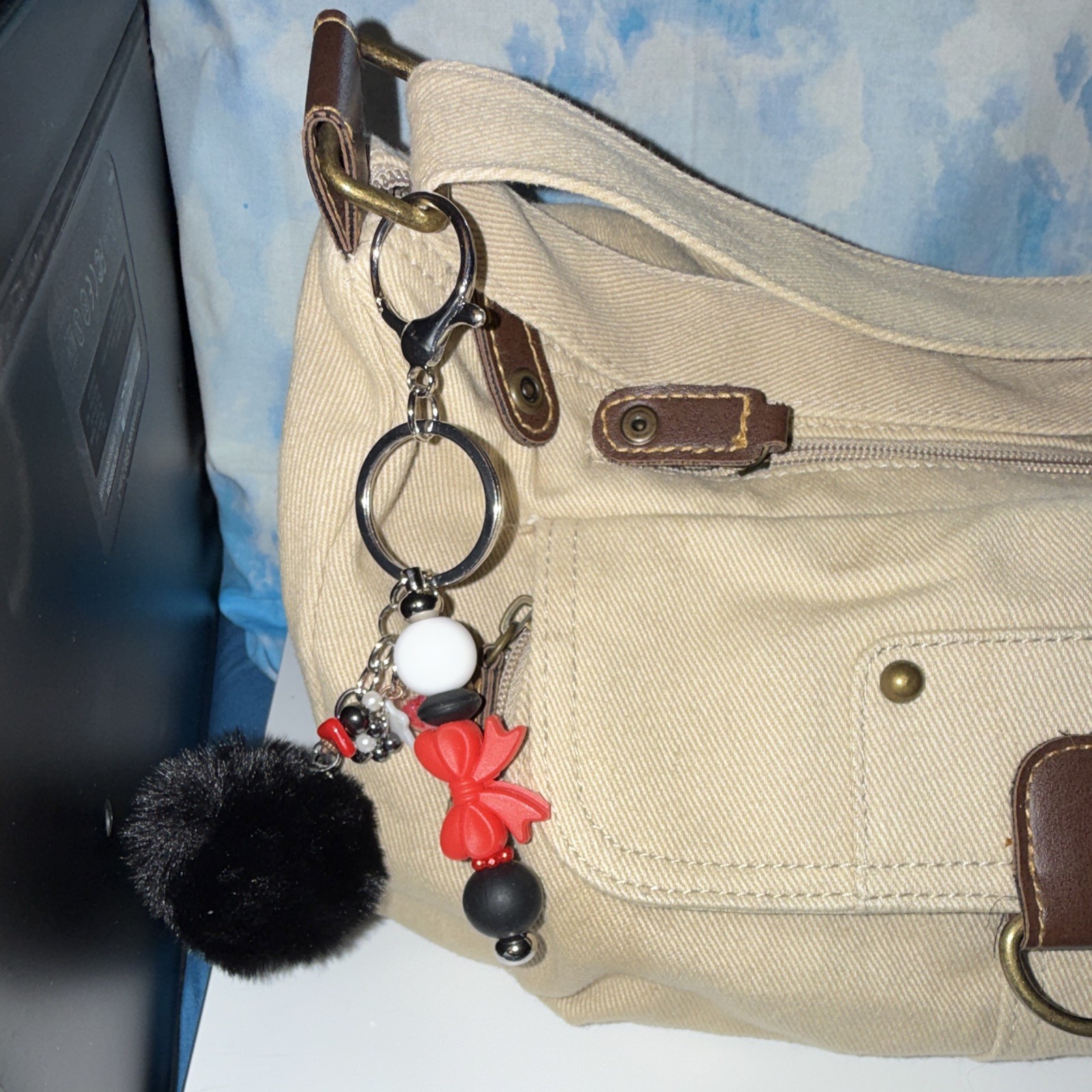 Black Faux Fur Pom Pom Bow Beaded Key Chain/Bag Charm w/Keyring
