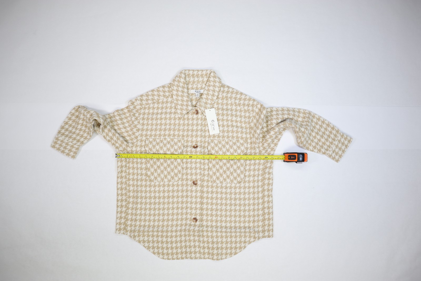 C by One Jacket Womens 1X Beige White Houndstooth Plaid Shacket Wool Blend Warm