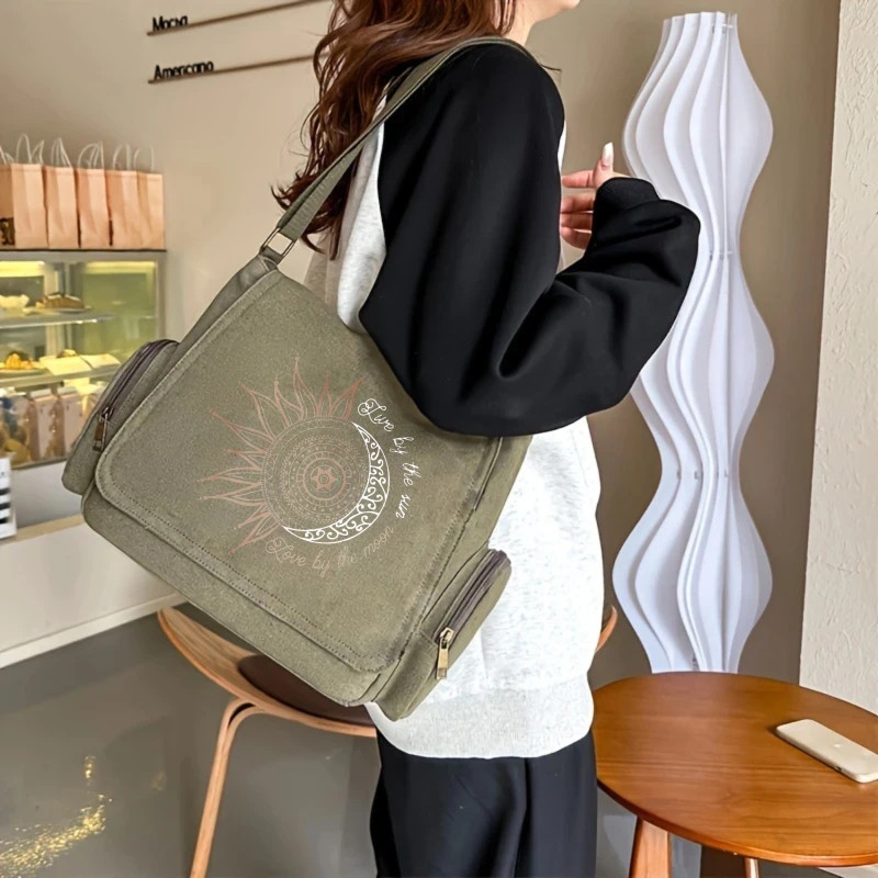 Sun Print Canvas Crossbody Bag for Women Large Capacity Shoulder Messenger