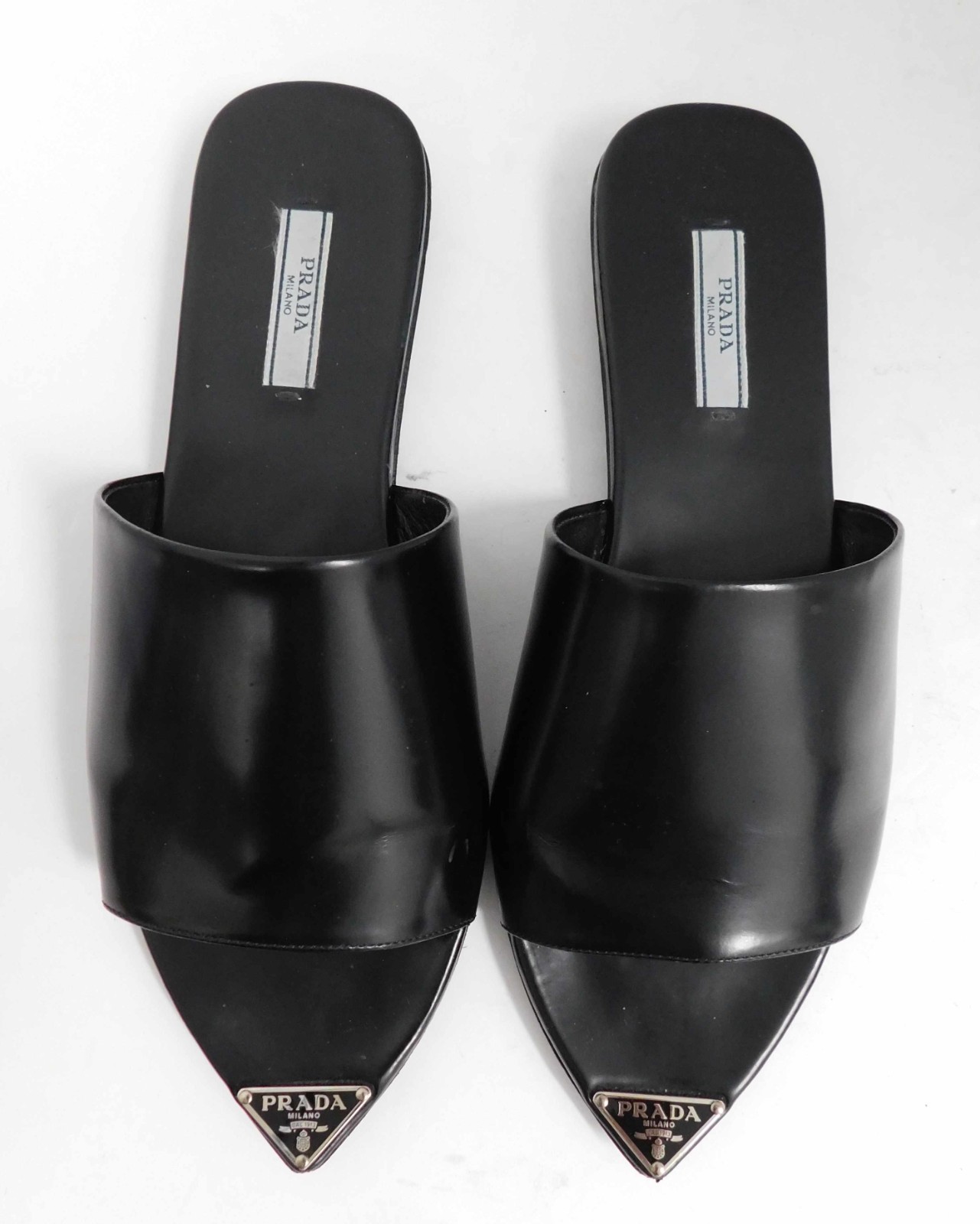 Prada Black Brushed Leather Logo Plaque Pointed Toe Flat Slides $1050rt sz 38.5