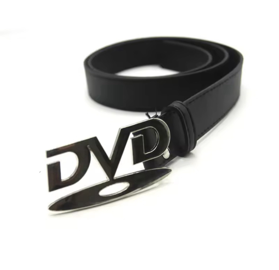 Men’s Black Solid Y2K Adjustable Belt w/ Silver-Tone DVD Logo Buckle